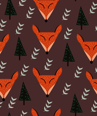 Cute fox face, tree and leaf seamless pattern background.