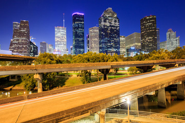 Fototapeta na wymiar Night landscape skyline view of Downtown Houston city during sunrise