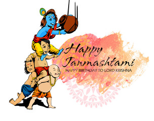 illustration of Lord Krishna playing dahi handi in Happy Janmashtami festival background of India