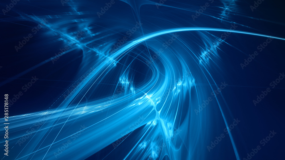 Fototapete Abstract blue background element on black. Fractal graphics 3d Illustration. Three-dimensional composition of glowing lines and motion blur traces. Movement and innovation concept.