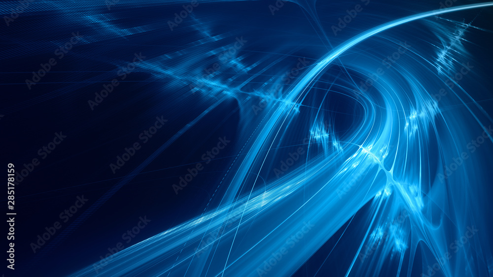 Fototapete Abstract blue background element on black. Fractal graphics 3d Illustration. Three-dimensional composition of glowing lines and motion blur traces. Movement and innovation concept.