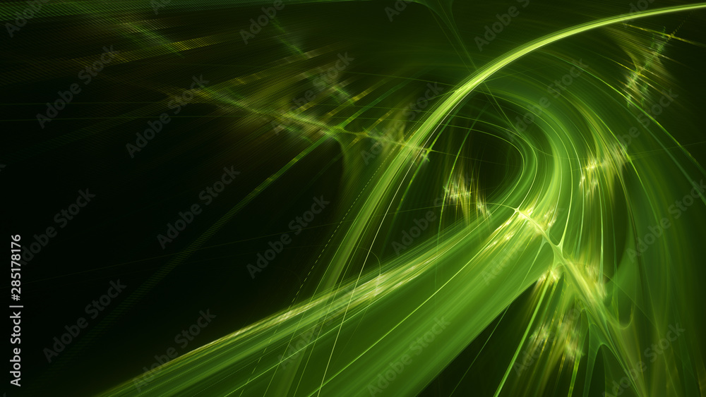 Fototapete Abstract green background element on black. Fractal graphics 3d Illustration. Three-dimensional composition of glowing lines and motion blur traces. Movement and innovation concept.