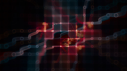 Abstract background element. Fractal graphics 3d illustration. Wide format composition of grid cells and circles. Information technology concept.