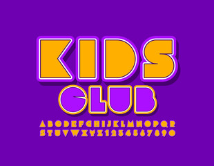 Vector bright emblem Kids Club with colorful Font. Creative Yellow and Violet Alphabet Letters and Numbers.