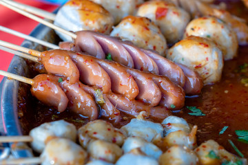Fried food with sticks, Thai style food, Street food in Bangkok, Thailand