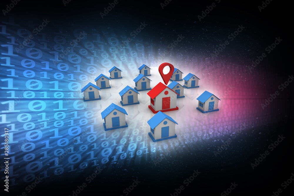 Poster 3d illustration search for property.a map with large red gps pointer containing