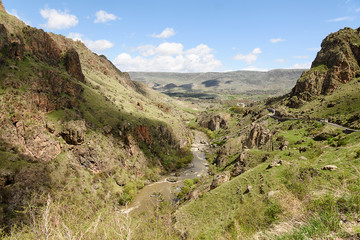 Fototapeta na wymiar Mountains and Kura-Mktvari river valley. Samtskhe-Javakheti region, southern Georgia