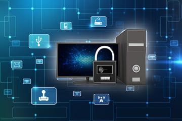 3d illustration Safety concept: Closed Padlock with computer pc on digital background