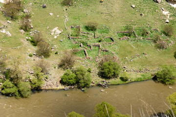 Remains of ancient constructions on the Kura river shore. Samtskhe-Javakheti region, southern Georgia