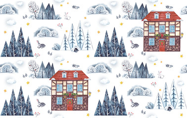 Watercolor pattern. Winter trees with a Christmas house on a white background. It will be an excellent packaging, stuffing, print.