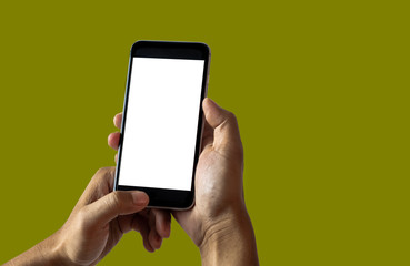 Hand woman holding smartphone with blank screen isolated on Olive background.