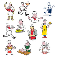 Set or collection of cartoon character mascot style illustration of food worker such as chef, cook, baker, cheesemaker, fishmonger or butcher full body or bust on isolated white background.