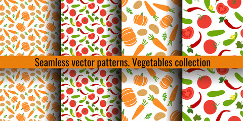 Vegetables seamless pattern set. Pumpkin, potato, carrot, pepper, cucumber, tomato, chili. Fashion design. Food print for curtain. Hand drawn vector sketch background collection
