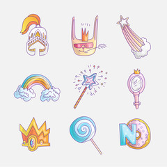 Set of princess and little girls cute fashion icon. Lovely vector set of hand drawn princess elements - mirror for little princess, crown, sweets, rainbow and falling star. Cute colored icon for