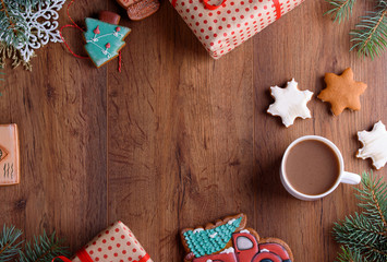 Homemade Christmas cookies with spices, and coffee with milk