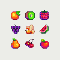 Fruits pixel art icons set, raspberries, banana, kiwi, peach, grapes, cherries and pear. Design for logo, sticker and mobile app. Isolated vector illustration.