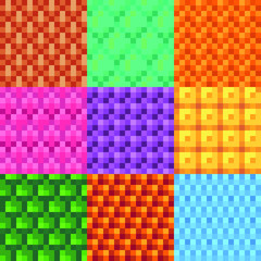Abstract seamless pattern fabric textures pixel art style set background. Knitted design. Isolated vector 8-bit illustration.