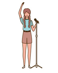 Fototapeta premium young woman with microphone on white background