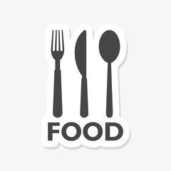 Spoon, fork and knife sticker isolated on white background. Spoon, fork and knife icon in trendy design style