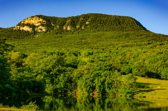 Crimea.Lake.Mountains.Green forest.Panorama.The Village Hero. Mount Boyka.Trees near the lake.