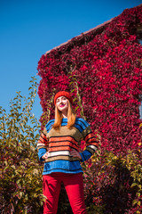 Autumn colorful trendy clothes, fall concept, cozy mood, plus size model in warm clothes 