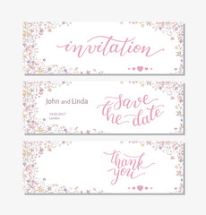 Wedding set template with flowers and hand lettering. Invitation, thank you, save the date.
