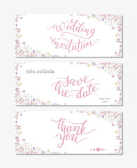 Wedding set template with flowers and hand lettering. Wedding invitation, thank you, save the date.