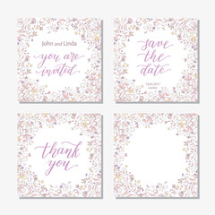 Wedding set template with flowers and hand lettering. You are invited, thank you, save the date.