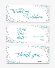 Wedding set template with flowers and hand lettering. Wedding invitation, thank you, save the date.