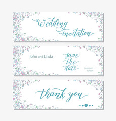 Wedding set template with flowers and hand lettering. Wedding invitation, thank you, save the date.