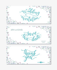 Wedding set template with flowers and hand lettering. Wedding invitation, thank you, save the date.