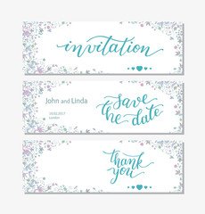 Wedding set template with flowers and hand lettering. Invitation, thank you, save the date.