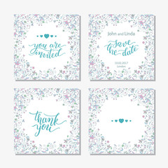 Wedding set template with flowers and hand lettering. You are invited, thank you, save the date.