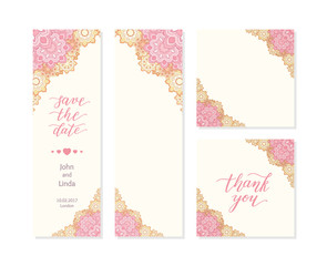 Wedding set template with flowers and hand lettering. Save the date, thank you.