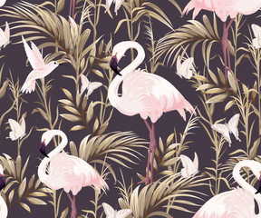 seamless pattern with pink flamingos, butterflies and golden leaves
