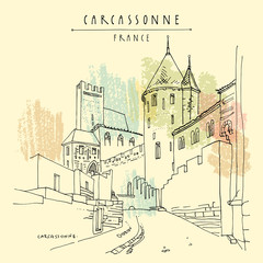Carcassonne castle, France, Europe. Hand drawing in retro style. Travel sketch. Vintage touristic postcard, poster or book illustration in vector