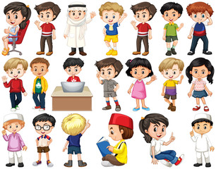 set of isolated children doing different activities