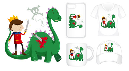 Graphic design on different products with knight and dragon