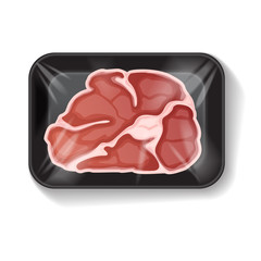 Black Rectangle Styrofoam Plastic Food Tray Container with steak. Vector Mock Up Template