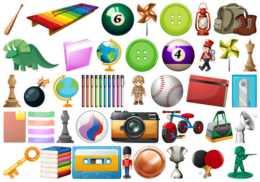 Assorted office, school and toy equipment isolated