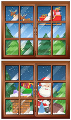 Window scenes with Santa and presents
