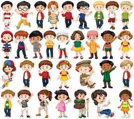 Set of happy children doing different actions