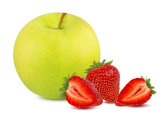 Fresh green apple  with strawberries isolated on white background with clipping path