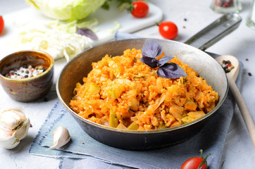 Braised Cabbage with Bulgur and Zucchini, Tasty Vegetarian Meal