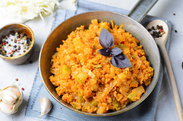 Braised Cabbage with Bulgur and Zucchini, Tasty Vegetarian Meal