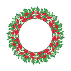 Round frame with red cranberries berries in watercolor. For romantic and summer design, ads, greeting cards, posters, advertising. Circular label or tag template with cranberries hand drawn
