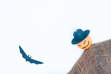 Halloween on wall decoration concept - black paper bats, devil, witch, spider, pumpkin