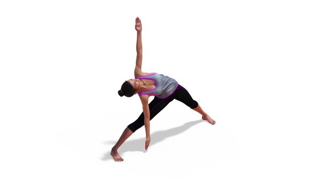 Woman in a Yoga Triangle Pose in Rotation with a White Background