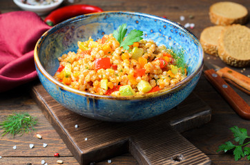 Spelt with Vegetables in a Bowl, Tasty Vegetarian Meal
