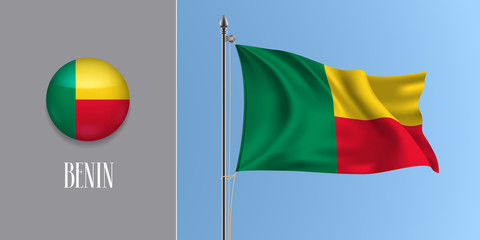 Benin waving flag on flagpole and round icon vector illustration.